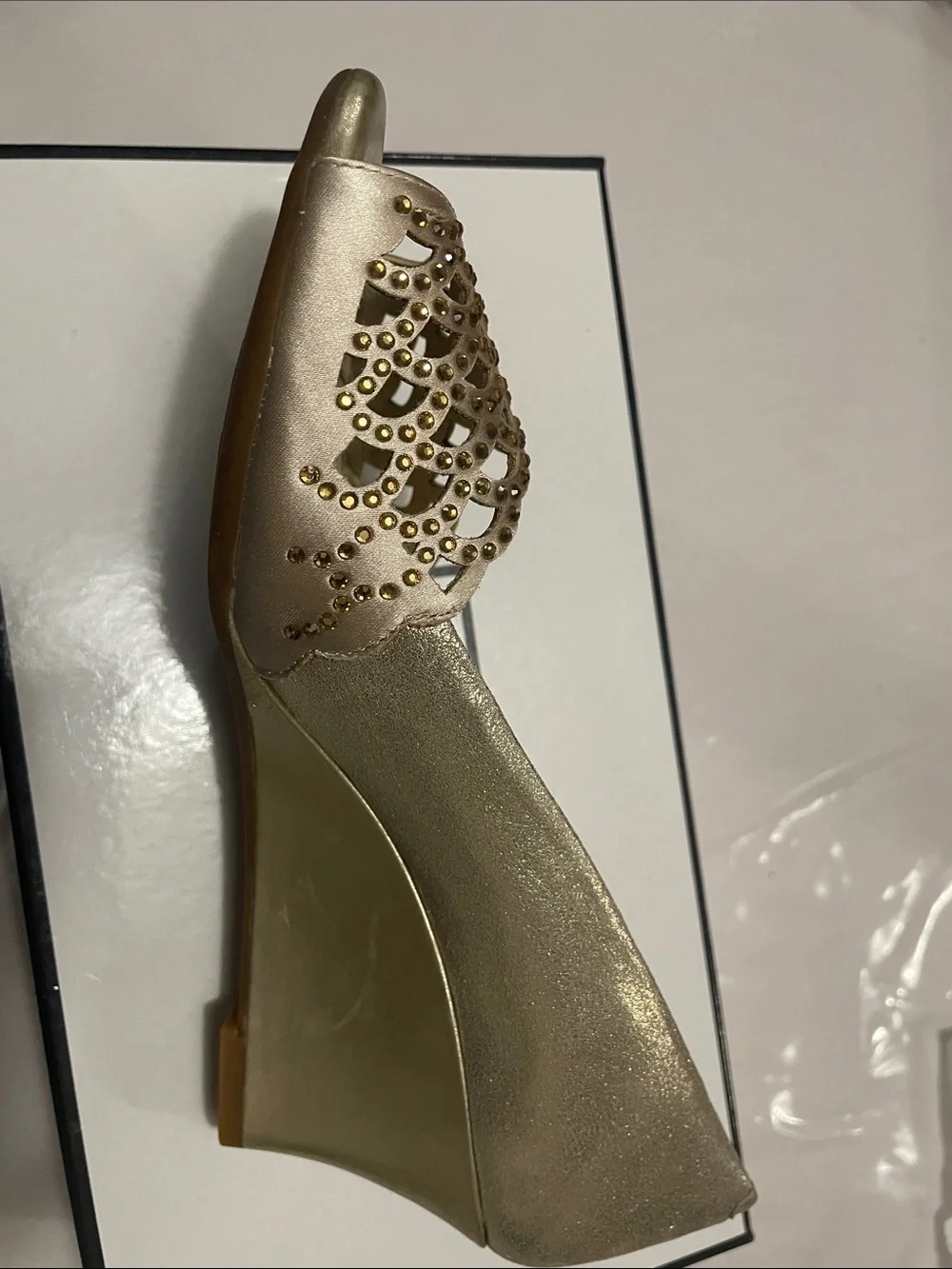 New Alex Marie Gold Peep-Toe Low Wedge Heels.